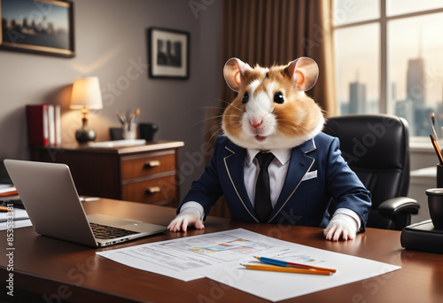 Hamster in suit sits at off...