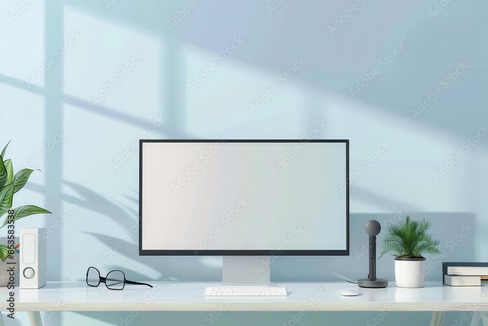 A desk with a computer, keyboard, mouse, lamp, books, coffee mug, and plants. The computer is turned off. The desk is made of wood and the walls are white. The floor is carpeted. A desk with a computer, keyboard, mouse, lamp, books, coffee mug, and plants. The computer is turned off. The desk is made of wood and the walls are white. The floor is carpeted.
