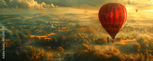 A couple taking a hot air balloon ride over a picturesque countryside, admiring the patchwork of fields and forests below.