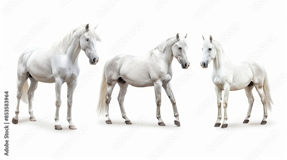 Three White Horses Standing in a Row, Generative AI Three White Horses Standing in a Row, Generative AI