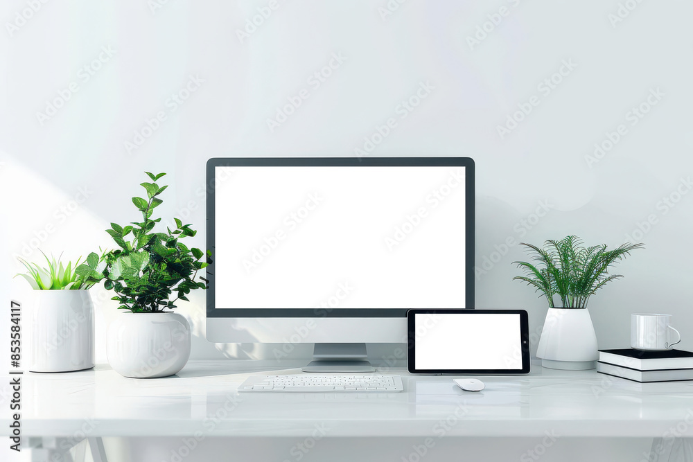 A modern workspace with a computer, tablet, and plants