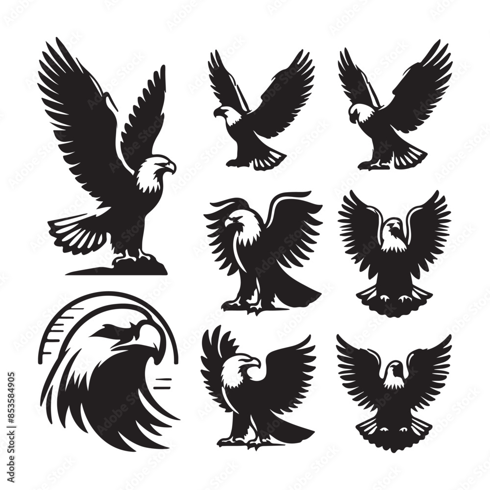 Obraz premium vector Bald Eagle set silhouette black in white background