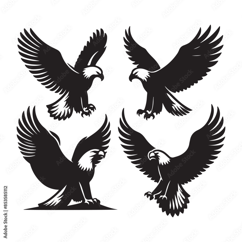 vector Bald Eagle set silhouette black in white background vector Bald Eagle set silhouette black in white background
