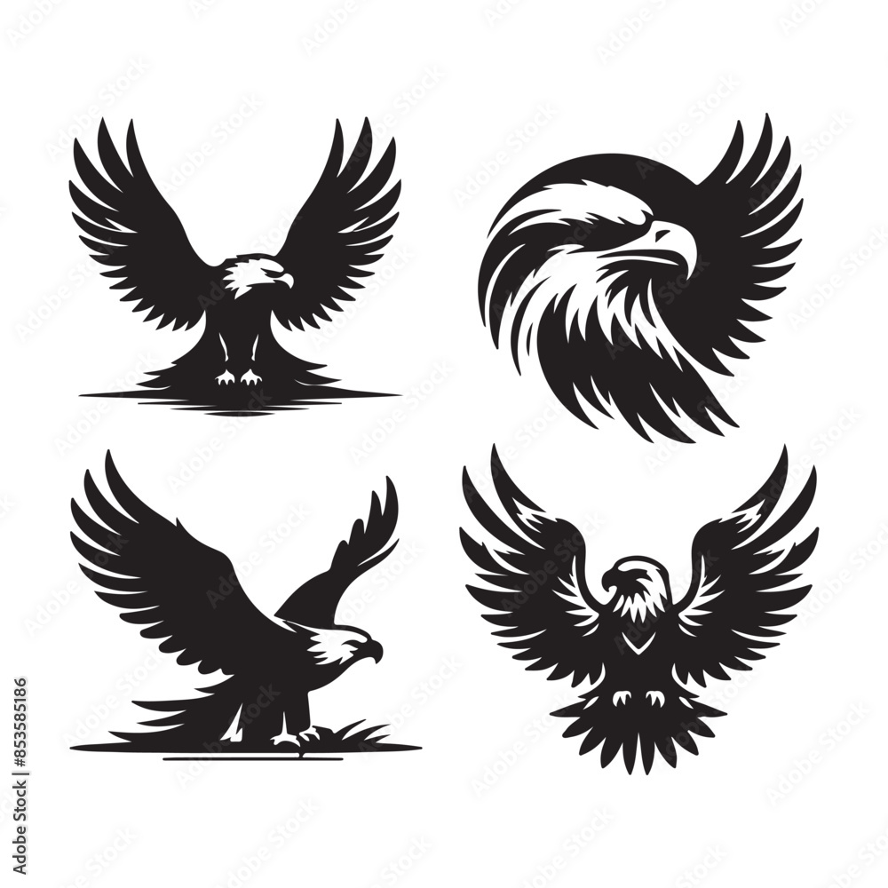 vector Bald Eagle set silhouette black in white background vector Bald Eagle set silhouette black in white background