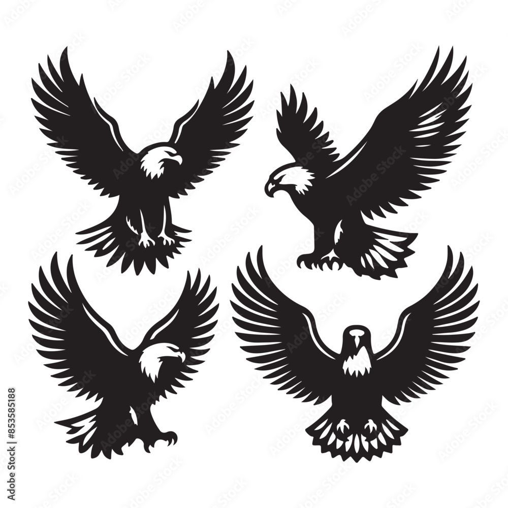 vector Bald Eagle set silhouette black in white background vector Bald Eagle set silhouette black in white background