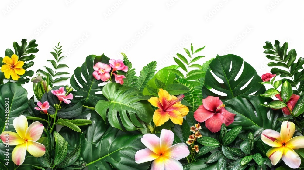 Tropical background with an array of colorful flower on white bacgkround Tropical background with an array of colorful flower on white bacgkround