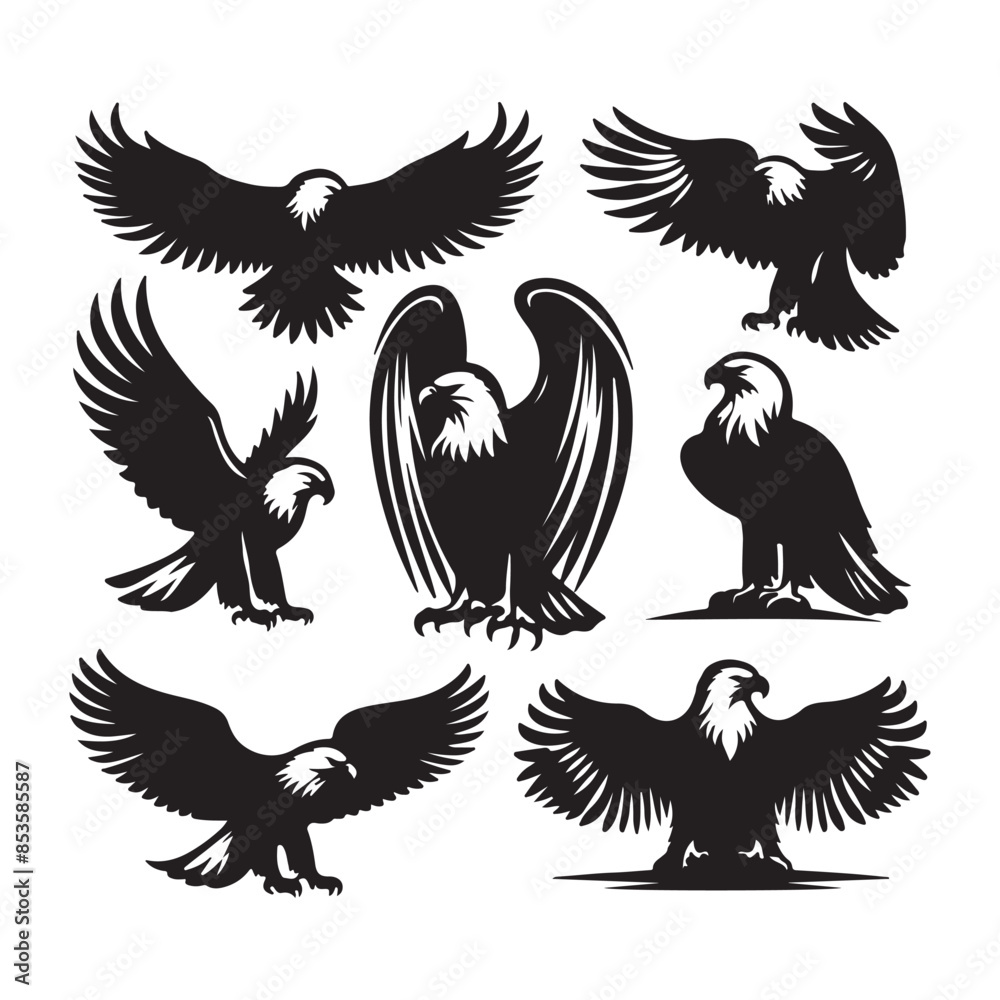 vector Bald Eagle set silhouette black in white background vector Bald Eagle set silhouette black in white background