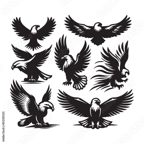 vector Bald Eagle set silhouette black in white background
