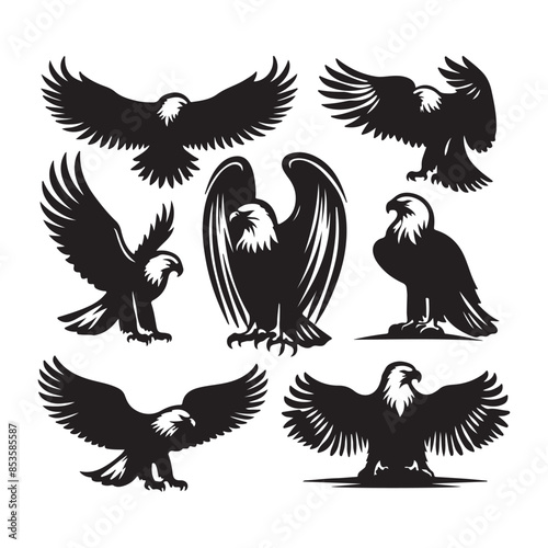 vector Bald Eagle set silhouette black in white background
