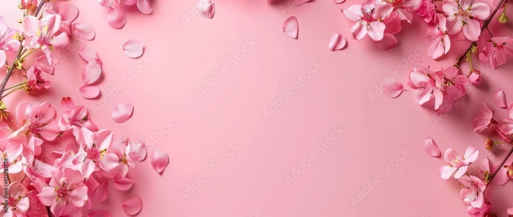 Pink background with pink flowers on the left and right sides Pink background with pink flowers on the left and right sides
