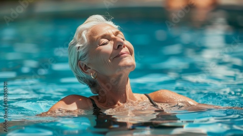 Serene Senior Woman Enjoying Sunlit Swim in Pool © Julia Jones