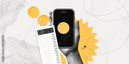 Trendy Halftone Collage Hand holding Phone with Receipt bill and floating coins. Mobile notification of financial transactions. Transfer money concept. Contemporary vector illustration art
