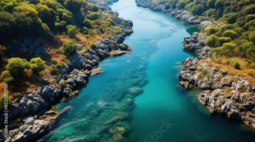 Beautiful Tranquil River Flowing Through Verdant Forest Aerial View Of Landscape Background © Image Lounge