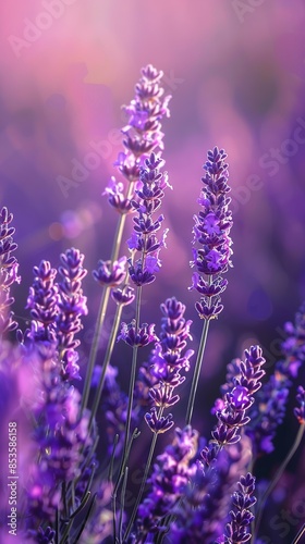 Lavender field with lavender flowers in a purple color under soft light with a sunset background, shown in closeup macro photography