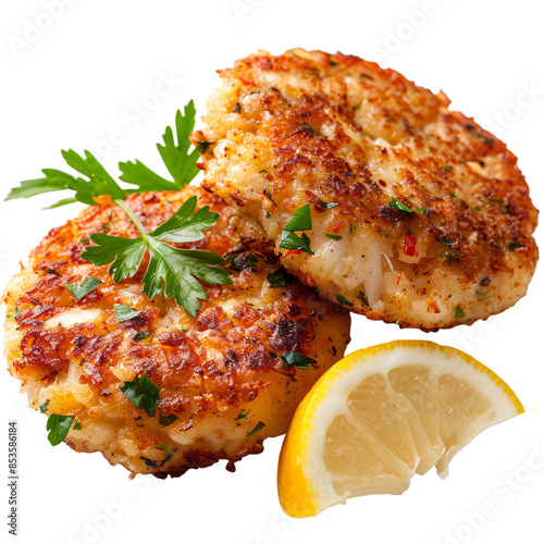 Crab cakes garnished with lemon photo