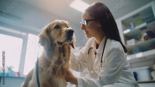 Woman Smiling veterinarian examining with Dog . friendship, trust, love, help, care between person and dog.