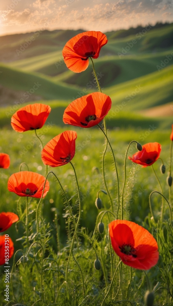 Fototapeta premium Field of red poppies in meadow.