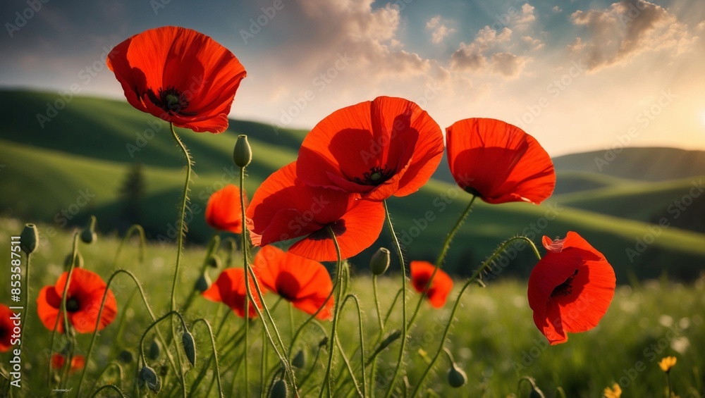 Obraz premium Field of red poppies in meadow.