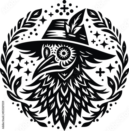 plague mask in silhouete with bohemian nature pattern illustration