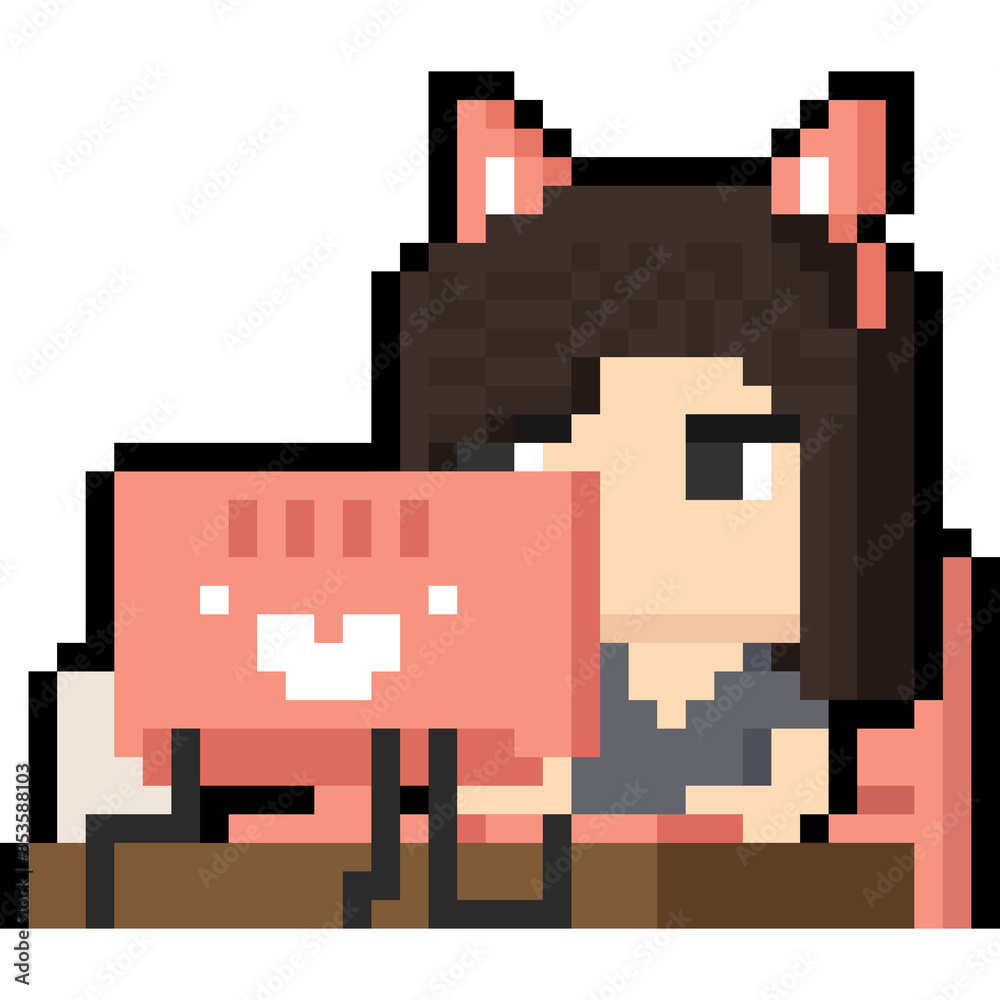 Pixel art cartoon woman character working at home with cat ears Pixel art cartoon woman character working at home with cat ears