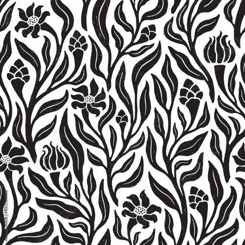 Floral seamless pattern in linocut style. Vector format.