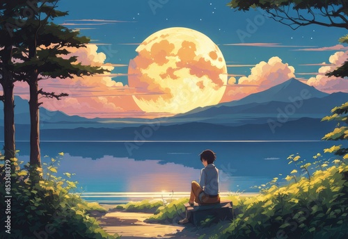 illustration of a lone person at night by moonlight in anime and cartoon style.