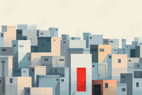 A simple, minimalist cityscape with flat, geometric buildings. In the middle of the city, a single door stands out, perhaps in a different color, emphasizing its significance amidst the uniformity 