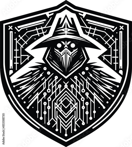 plague mask silhouete with cyberpunk pattern illustration