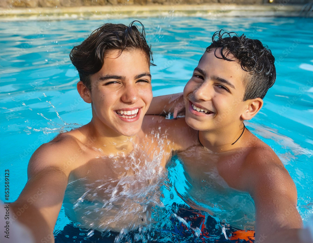 Portrait of two teenager friends brother splashing water together in swimming pool vacation day Portrait of two teenager friends brother splashing water together in swimming pool vacation day