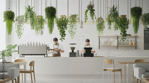A man and a woman are working at a coffee shop