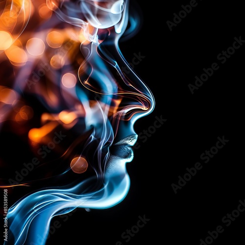 Abstract portrait of a woman's face made of smoke and light.