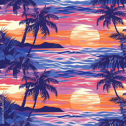 This seamless pattern features a vibrant tropical sunset with palm trees silhouetted against a colorful sky and ocean waves. The bold hues of orange, pink, purple, and blue create a dynamic and eye-ca