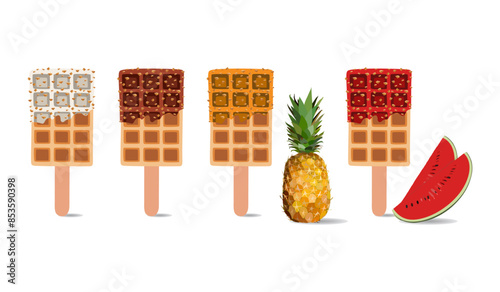 Sweet food vector set illustration of golden brown homemade square corn dog or hot dog waffle on a stick in various flavors decorations and watermelon, pineapple, white and black chocolate.