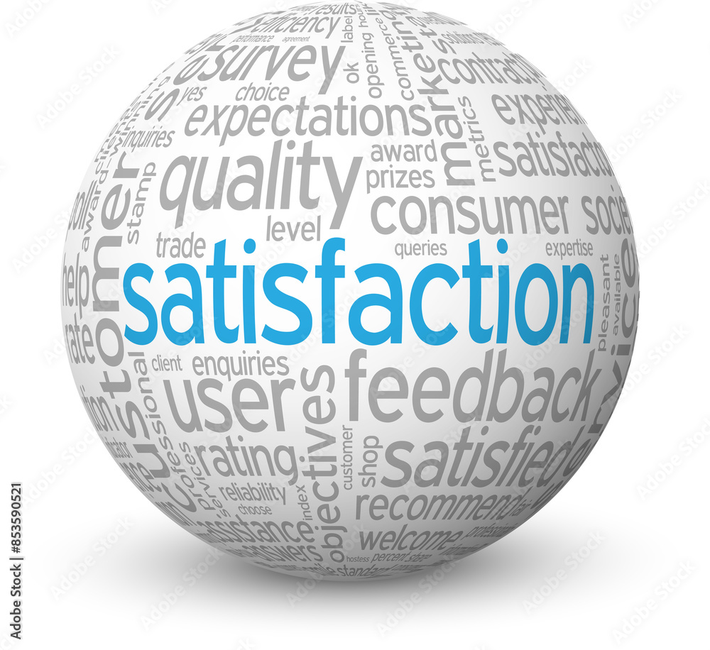 SATISFACTION gray and blue word cloud on sphere with drop shadow on transparent background SATISFACTION gray and blue word cloud on sphere with drop shadow on transparent background