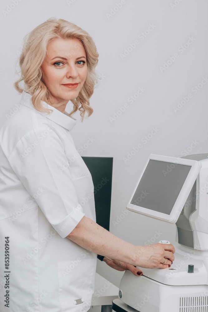 Smiling doctor standing with medical equipment at clinic Smiling doctor standing with medical equipment at clinic
