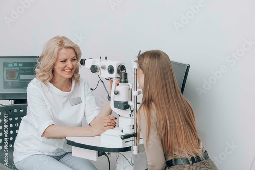 Happy ophthalmologist examining patient's eyes with slit lamp at medical clinic
