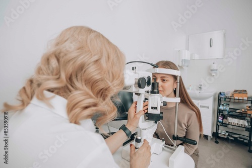 Doctor examining woman eyes with slit lamp at medical clinic