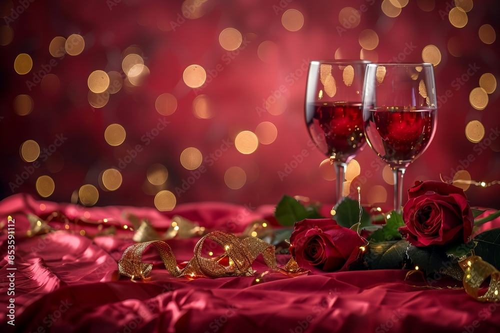 Romantic dinner setup with two wine glasses, red roses, and sparkling lights on a red background. Perfect for Valentine's Day, weddings, or romantic occasions. Generative AI Romantic dinner setup with two wine glasses, red roses, and sparkling lights on a red background. Perfect for Valentine's Day, weddings, or romantic occasions. Generative AI