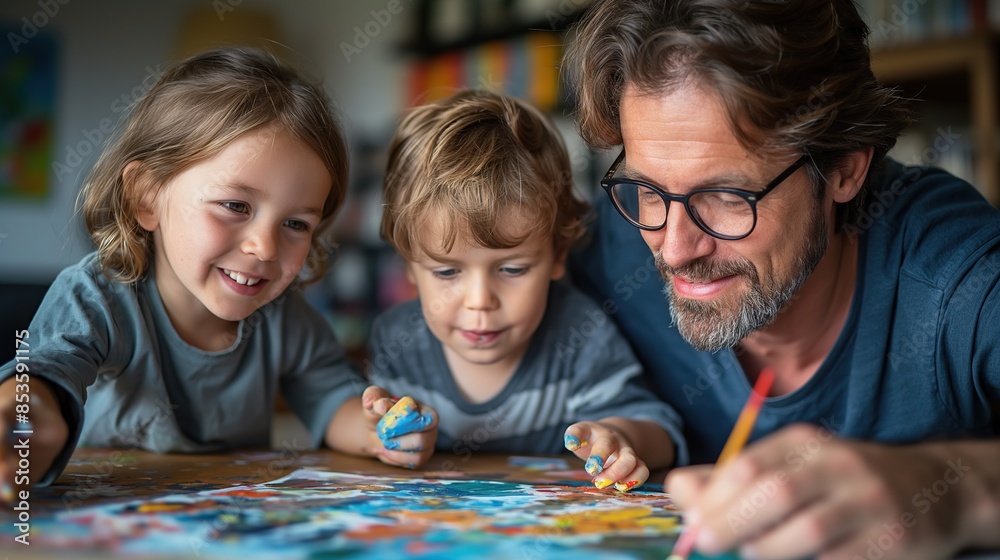 Fototapeta premium Dad and children create art together