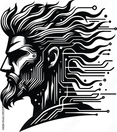poseidon silhouete with cyberpunk pattern illustration