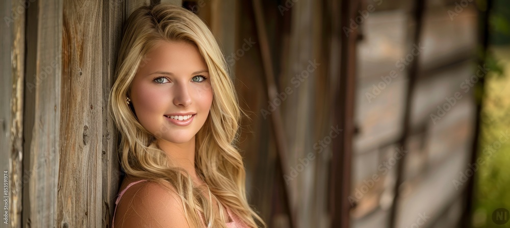 Fototapeta premium Blonde woman in pink dress smiling under sunlit window, emanating radiance and joy
