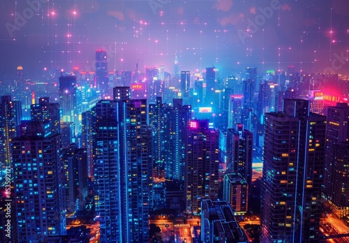 Wallpaper Mural A futuristic smart cityscape at night, with buildings lit up by colorful lights and interconnected by digital networks, showcasing the role of technology in urban business environments Torontodigital.ca