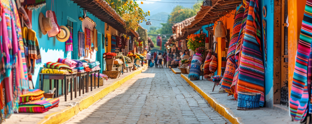 Obraz premium A vibrant street market with colorful stalls selling textiles and handicrafts.