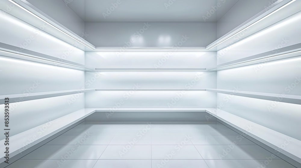 Empty white room with shelves, minimalist design. Empty white room with shelves, minimalist design.