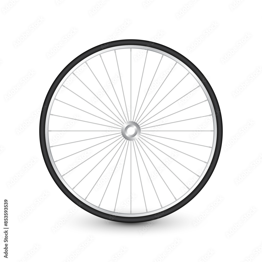 Realistic 3d bicycle wheel. Bike rubber tire, shiny metal spokes and rim. Fitness cycle, touring, sport, road and mountain bike. Vector illustration