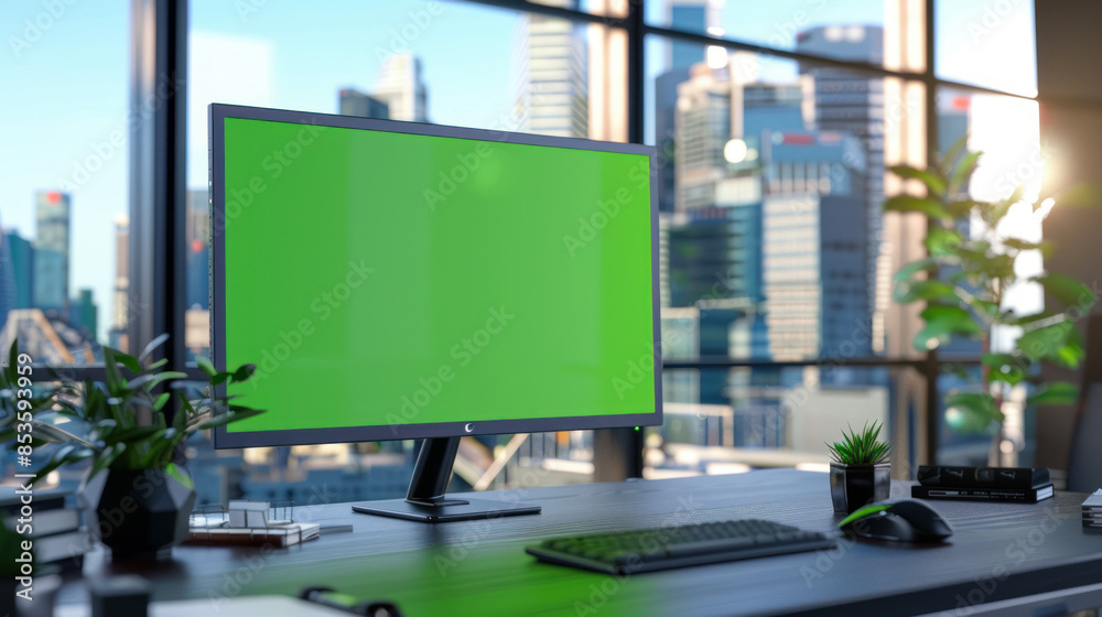 Fototapeta premium A computer monitor with a green screen is displayed on a desk in an office. There's a glass wall in the background with a bustling city view.