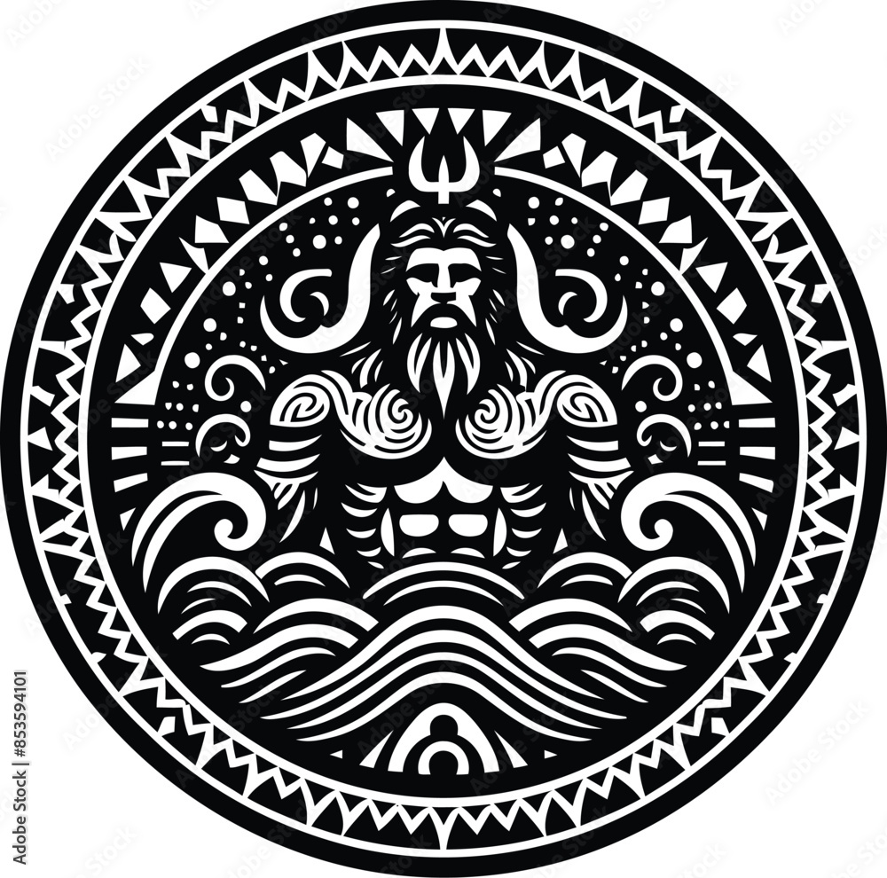 poseidon silhouete with Polynesian ethnic pattern illustration poseidon silhouete with Polynesian ethnic pattern illustration