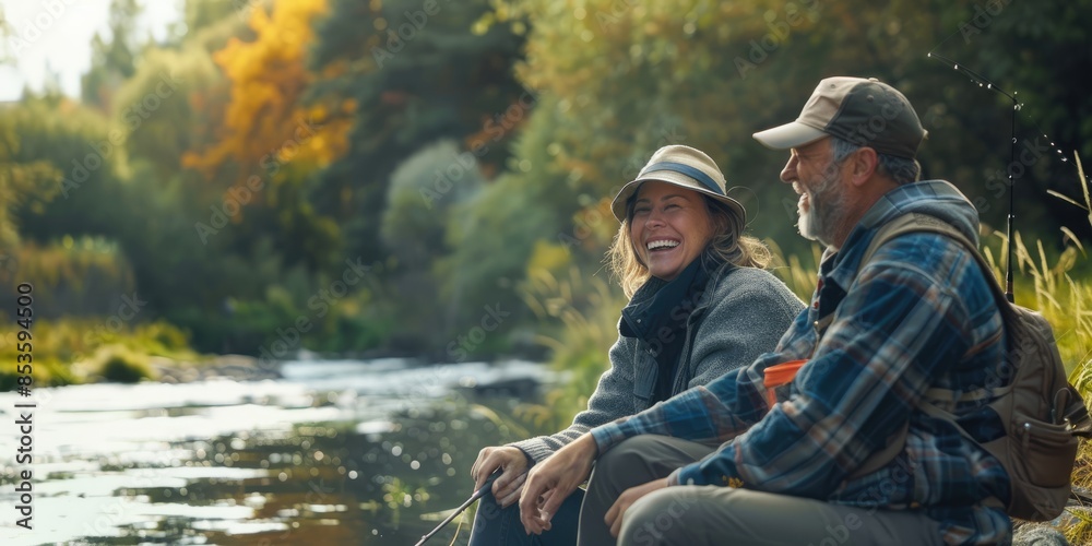 An older couple enjoys a peaceful fishing session on the banks of a serene river An older couple enjoys a peaceful fishing session on the banks of a serene river