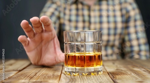 Person refusing whiskey glass