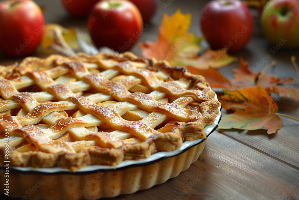A lattice-topped apple pie surrounded by apples and autumn leaves, highlighting the flavors of the fall season A lattice-topped apple pie surrounded by apples and autumn leaves, highlighting the flavors of the fall season